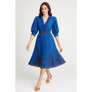 Vintage Mosaic Blue Chiffon Ruffle Dress – Puff Sleeves, Boho 80s Style, Size M